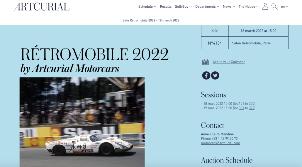 Artcurial Motorcars Retromobile Parigi 2022